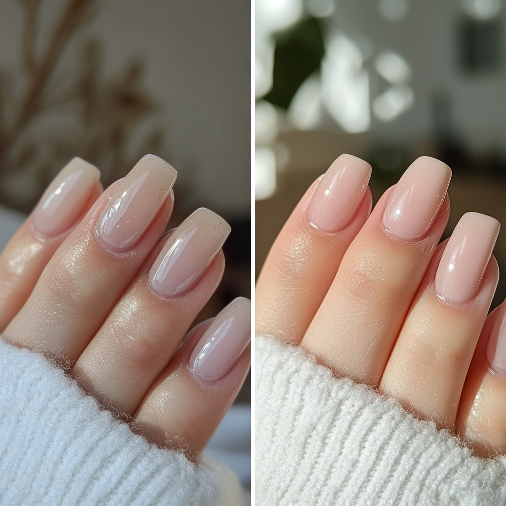 Application du Polygel sur un ongle avec un pinceau, dans un salon de manucure professionnel.